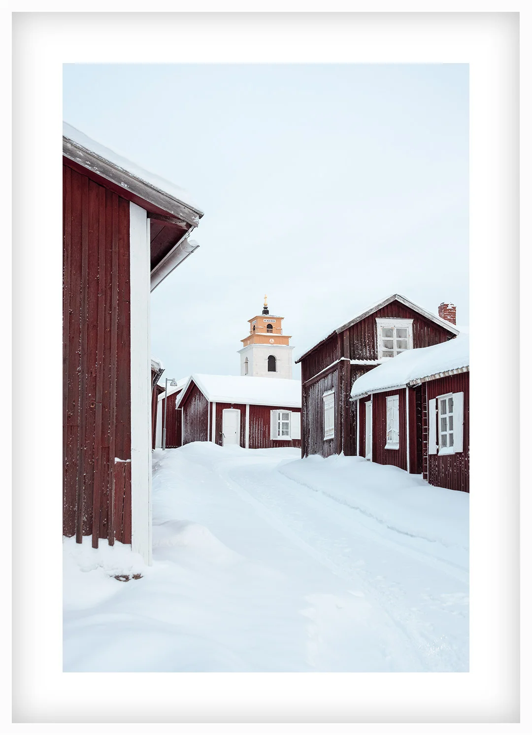 Jul och vinter i Gammelstad Kyrkstad Tavla 00126 vit ram