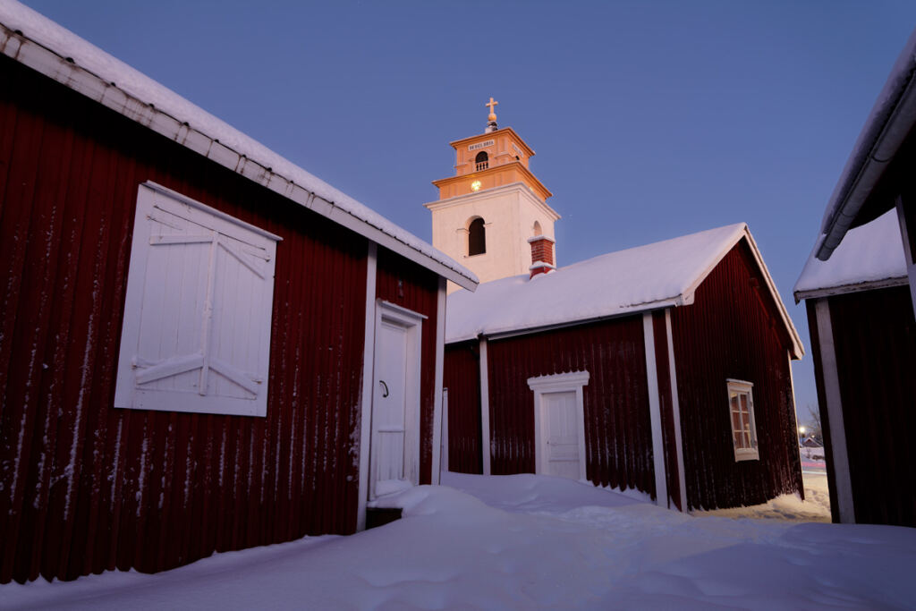 Gammelstad Kyrkstad Blå timmen Vinter